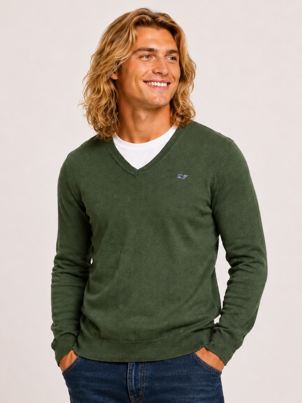 Vineyard Vines Wool Cashmere V-Neck Sweater Olive Green Men’s S